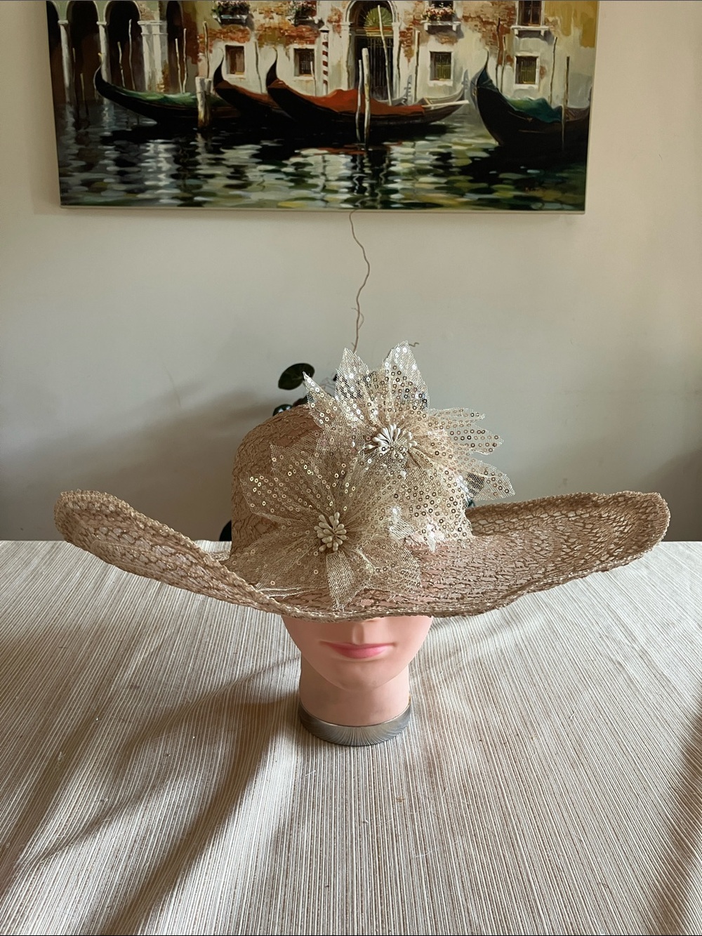 Elegant Wide-Brim Beige Lace Like Hat with Floral Sequined Accents